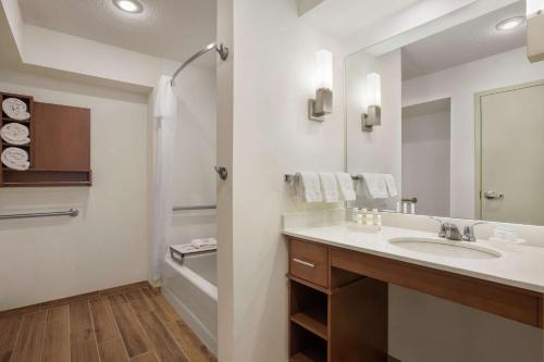 堪萨斯城堪萨斯城机场希尔顿惠庭套房酒店的一间带水槽和镜子的浴室