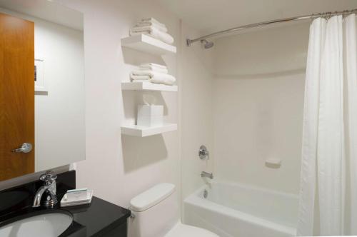 纽约麦迪逊广场花园汉普顿酒店的浴室配有卫生间、盥洗盆和淋浴。