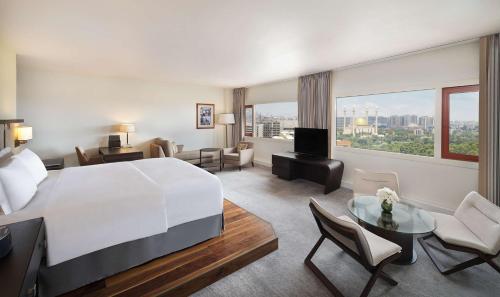 阿布贾特兰斯克普阿布贾希尔顿酒店的酒店客房设有一张大床和一间客厅。