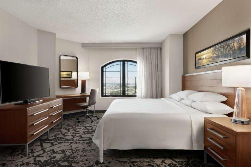 格雷普韦恩Embassy Suites Dallas - DFW Airport North的配有一张床和一台平面电视的酒店客房