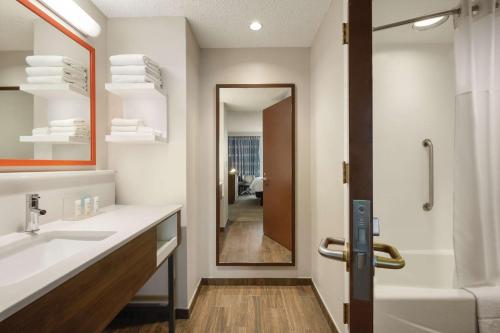 梅斯基特达拉斯梅斯基特希尔顿恒庭酒店的一间带水槽、浴缸和镜子的浴室