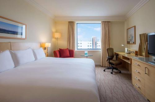 柯罗格伦都柏林机场希尔顿酒店的配有一张床、一张书桌和一扇窗户的酒店客房