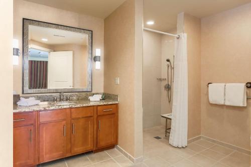 布兰森布兰森码头海滨长廊希尔顿酒店的浴室配有盥洗盆和带镜子的淋浴