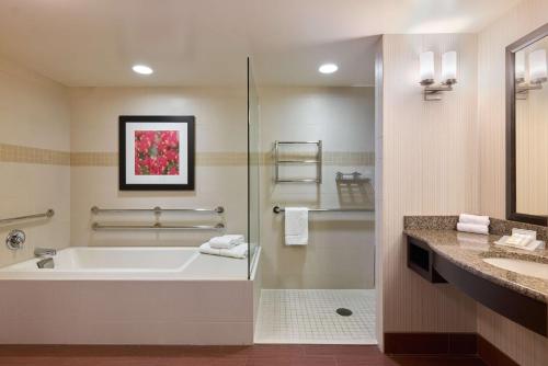 洪美尔斯镇赫尔希希尔顿花园旅馆的带浴缸、淋浴和盥洗盆的浴室