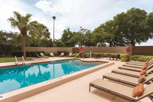 奥兰多Embassy Suites by Hilton Orlando International Drive ICON Park的毗邻度假酒店的带躺椅的游泳池