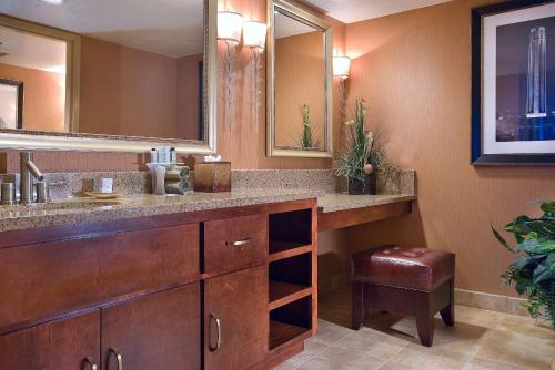 堪萨斯城Embassy Suites by Hilton Kansas City International Airport的一间带水槽、镜子和凳子的浴室