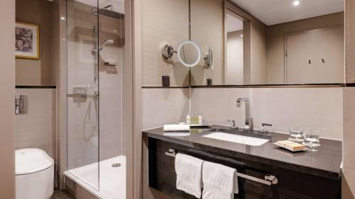 慕尼黑希尔顿慕尼黑市酒店的一间带水槽、淋浴和卫生间的浴室