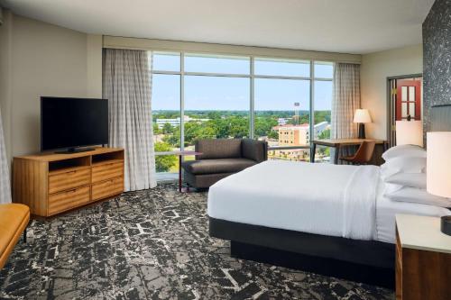 汉普顿Embassy Suites by Hilton Hampton Convention Center的配有一张床和一台平面电视的酒店客房