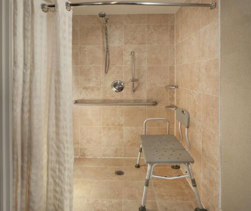费城Embassy Suites by Hilton Philadelphia Airport的浴室内配有淋浴和椅子