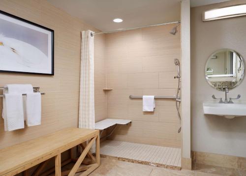 费城DoubleTree by Hilton Hotel Philadelphia Center City的带淋浴和盥洗盆的浴室