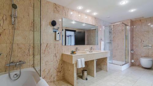锡比乌锡比乌希尔顿酒店 的一间带水槽、浴缸和淋浴的浴室