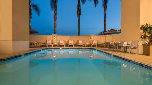 圣克拉拉希尔顿圣塔克拉酒店的一座游泳池,位于酒店,设有椅子和棕榈树