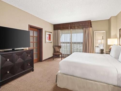 圣马科斯Embassy Suites by Hilton San Marcos Hotel Conference Center的配有一张床和一台平面电视的酒店客房