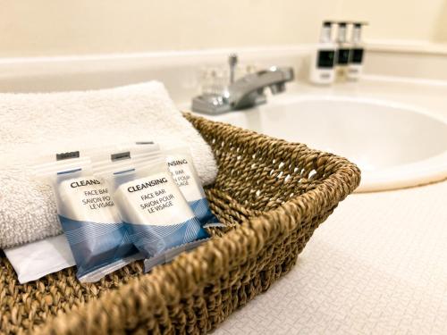 道森市The Downtown, a Coast Hotel的浴室内备有一篮牙刷和盥洗盆