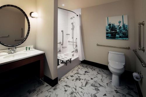 布鲁克林纽约布鲁克林希尔顿酒店的一间带水槽、卫生间和镜子的浴室