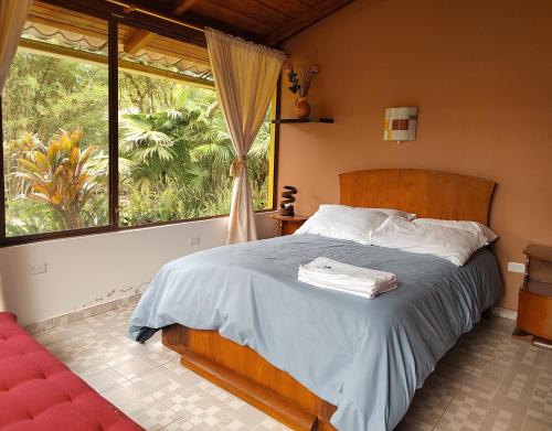 明多Senz Chalet Riverside - Mindo的一间卧室设有一张床和一个大窗户