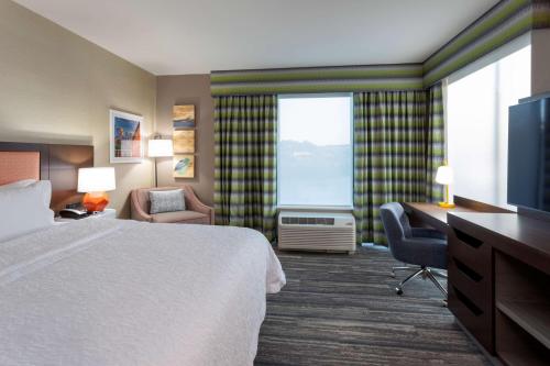 伊甸草原Hampton Inn Eden Prairie Minneapolis的酒店客房配有一张床、一张书桌和一台电视。