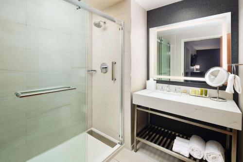 夏洛特Hilton Charlotte Airport Hotel的带淋浴、盥洗盆和镜子的浴室
