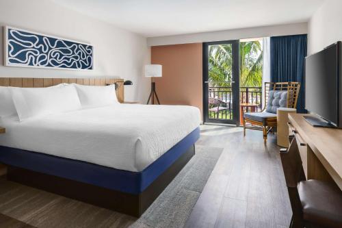 圣徒皮特海滩Hilton Garden Inn St. Pete Beach, FL的酒店客房配有一张床、一张书桌和一台电视。