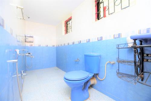 巴加Private Villa in Arpora的蓝色的浴室设有卫生间和淋浴。
