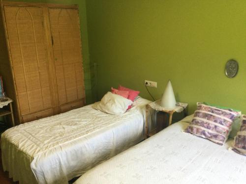 MeisHabitación en A Armenteira ideal peregrinos的绿墙客房内的两张床