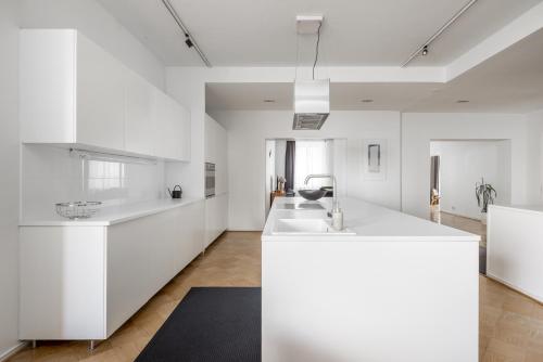 赫尔辛基Elegant City Home的厨房配有白色橱柜和水槽