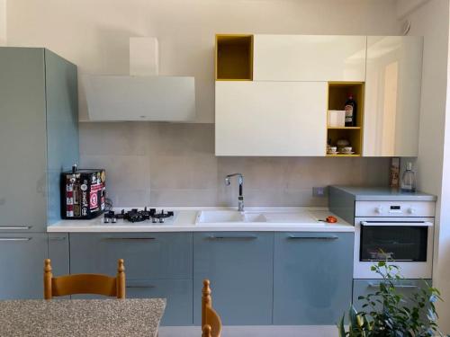 特拉莫B&B La vecchia fornace的厨房配有蓝白色橱柜和水槽
