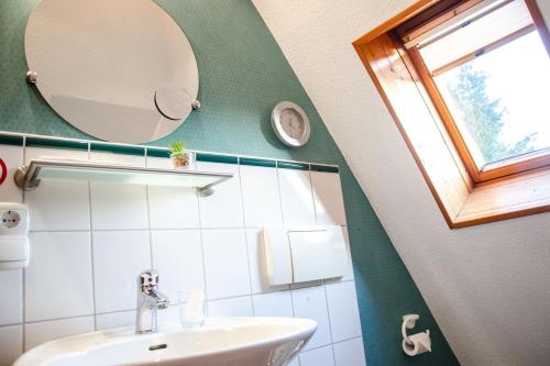 罗斯托克Weitblick-Loft mit Terrasse的一间带水槽和镜子的浴室以及窗户。