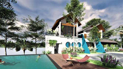 KakkadampoyilBoulevard Resorts的 ⁇ 染带游泳池的别墅