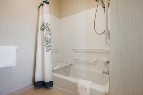 阿林顿原住酒店由万豪阿灵顿南的白色的浴室设有浴缸和淋浴帘