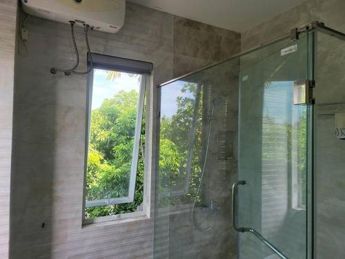 兴安Tranquil Retreat Lux Villa in HungYen Countryside的浴室设有窗户和带玻璃门的淋浴
