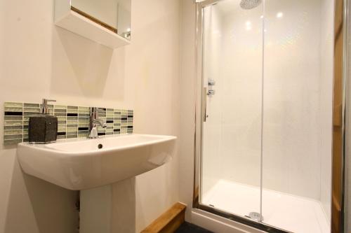 阿什伯恩Woodshed Cottage的白色的浴室设有水槽和淋浴。