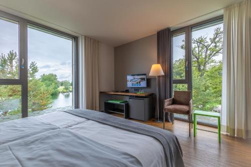 乌尔姆希尔LAGO餐厅&酒店的卧室配有一张床、一张书桌和窗户。