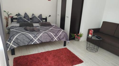 克卢日-纳波卡Vila ANA的一间卧室配有一张红色地毯和一张沙发。