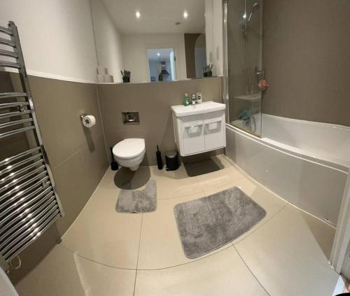 巴塞尔顿Comfortable 2 BR Flat TH542的浴室配有卫生间、淋浴和盥洗盆。