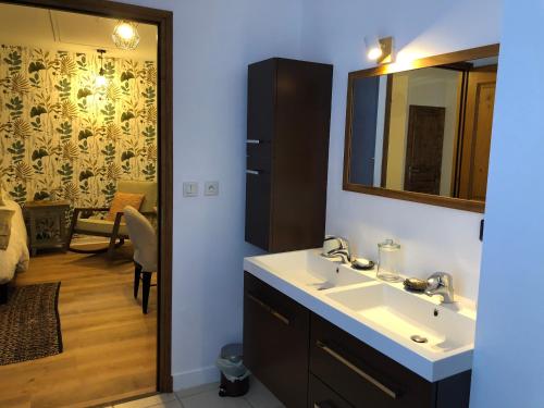 布尔日L’AMANTINE Chambres d’hôtes et gîte的一间带水槽和镜子的浴室