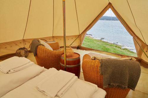 SandtorvSandtorgholmen Glamping的一个带椅子的帐篷,享有水景
