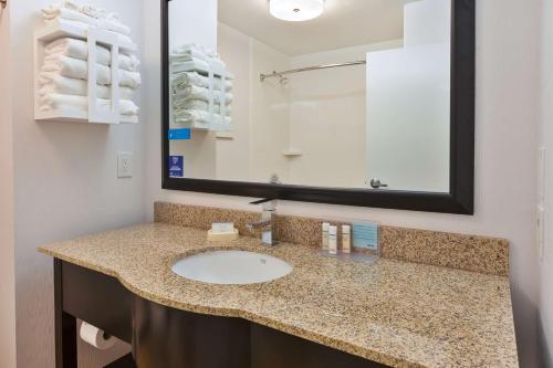 希布伦汉普顿酒店辛辛那提机场北店的一间带水槽和镜子的浴室