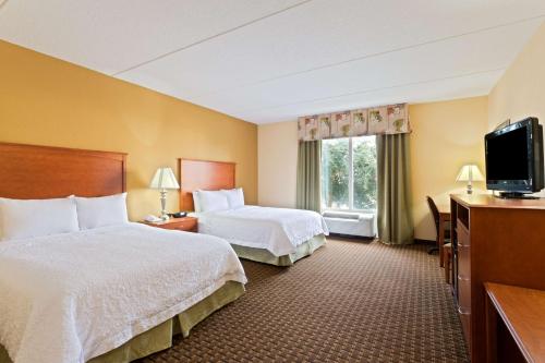 利斯堡Hampton Inn Leesburg Tavares的酒店客房设有两张床和一台平面电视。