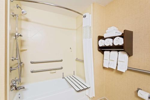 利斯堡Hampton Inn Leesburg Tavares的带淋浴和毛巾浴缸的浴室