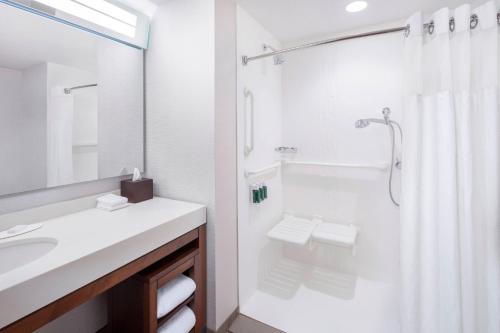 开普吉拉多Courtyard by Marriott Cape Girardeau Downtown的白色的浴室设有水槽和淋浴。