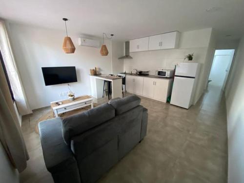 派桑杜Apartamento céntrico的带沙发的客厅和厨房