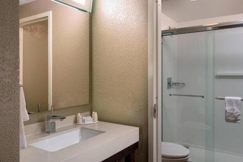 迈阿密海滩迈阿密南海滩万怡酒店的一间带水槽、卫生间和镜子的浴室