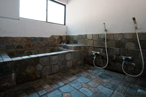 SuginosawaPension FOLKLORE的带淋浴和水槽的石质浴室