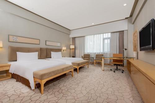 北京北京德胜门华宇假日酒店的酒店客房设有一张大床和一台电视。
