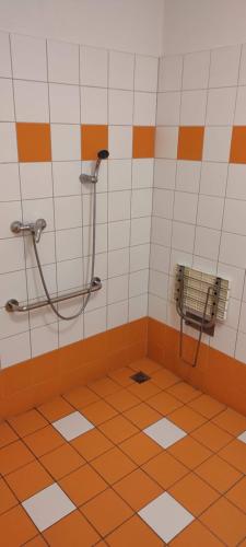 利托梅日采Ubytovna Zimní stadion的橙色和白色的浴室配有淋浴