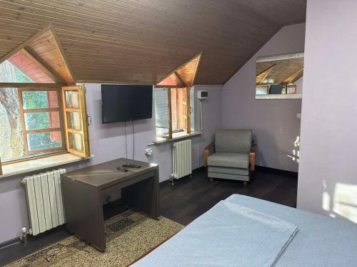 基希讷乌Friends Hostel的客房设有书桌、电视和椅子。