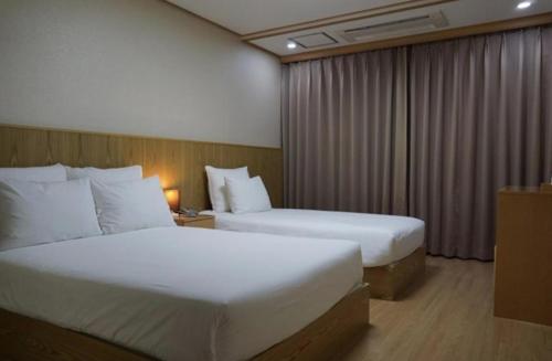 西归浦市Soldongsan Stay的酒店客房设有两张床和窗户。