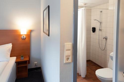 莫舍恩Frøken Skjolds Hotel Lyngengården的一间带卫生间和淋浴的浴室