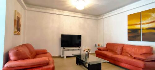 罗德镇John's house的客厅配有2张红色沙发和1台平面电视